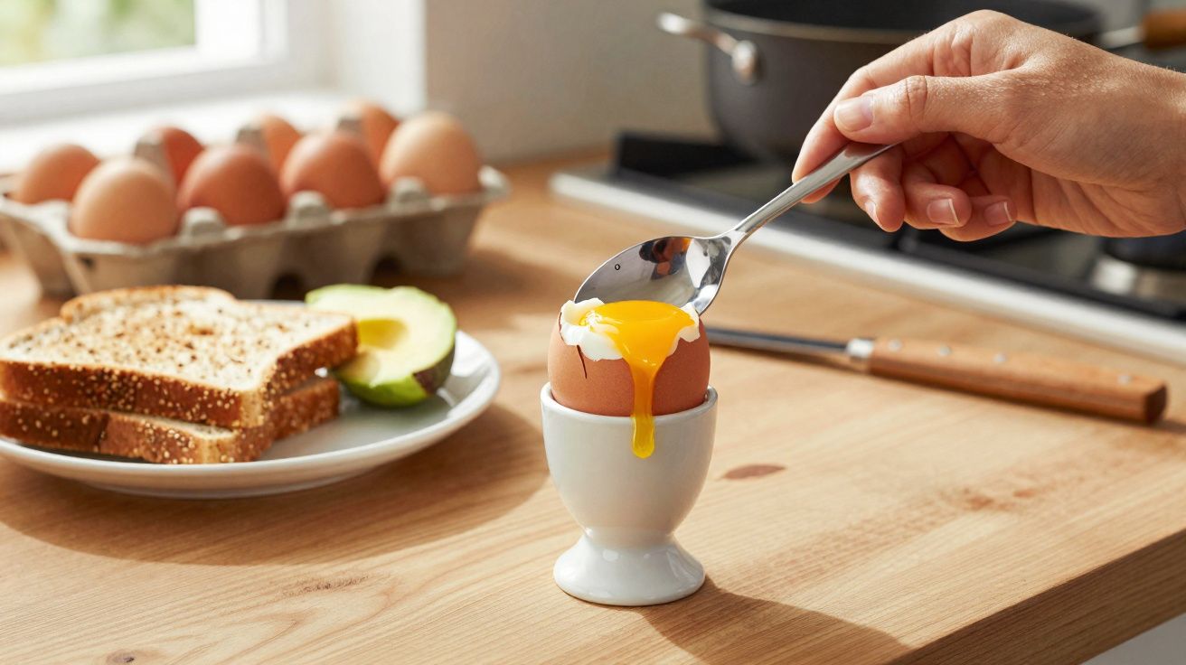 Hand using spoon to scoop soft-boiled egg from egg cup on wooden kitchen counter with toast and avocado.