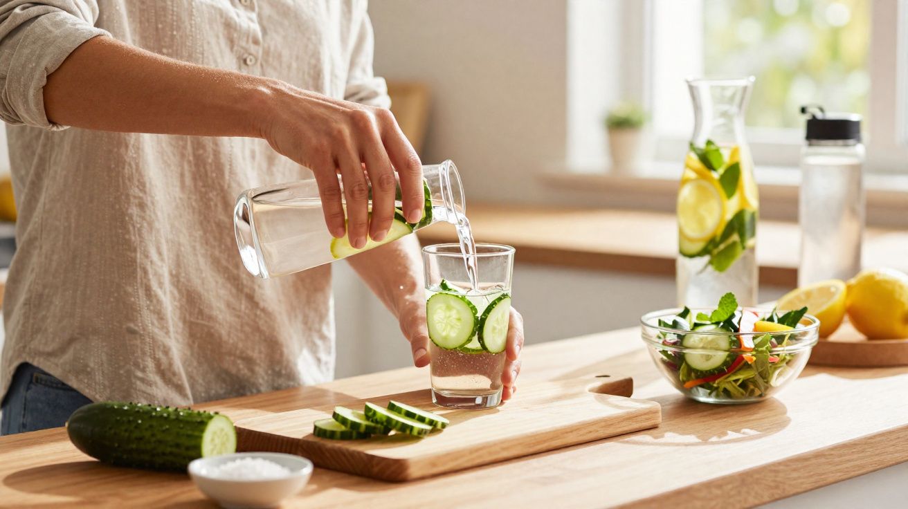 Person pouring cucumber-infused water into a glass on a kitchen counter with fresh cucumber and lemon nearby.