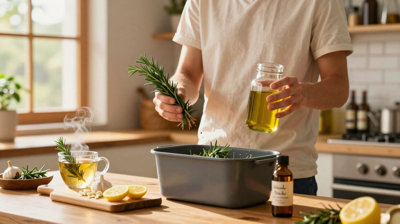 Person adding rosemary and pouring olive oil into a grey container on a kitchen counter with herbs and lemon.
