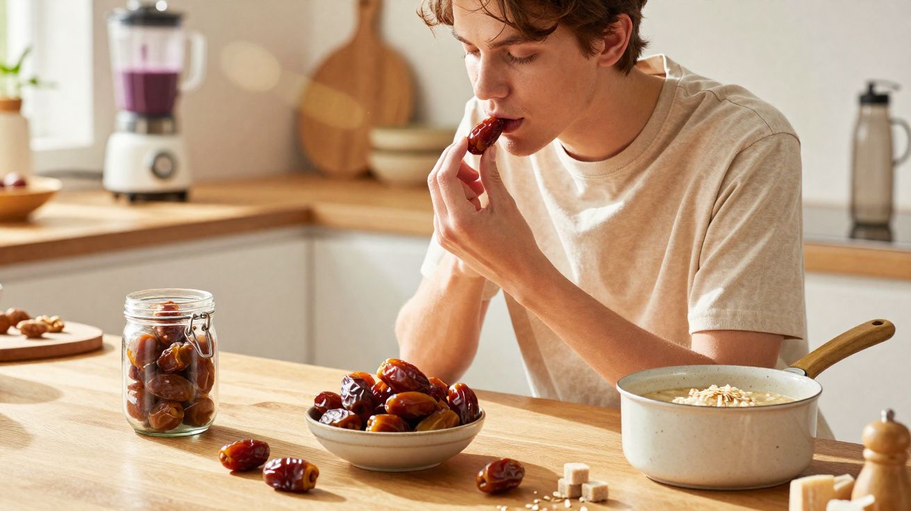 Young man eating a date at a kitchen table with a bowl of dates and a saucepan of porridge.