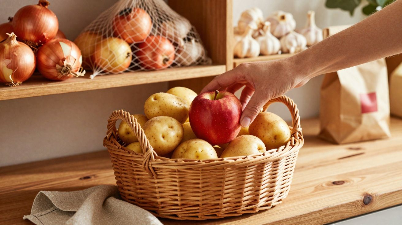 Hand picking a red apple from a wicker basket filled with potatoes on a wooden kitchen countertop.