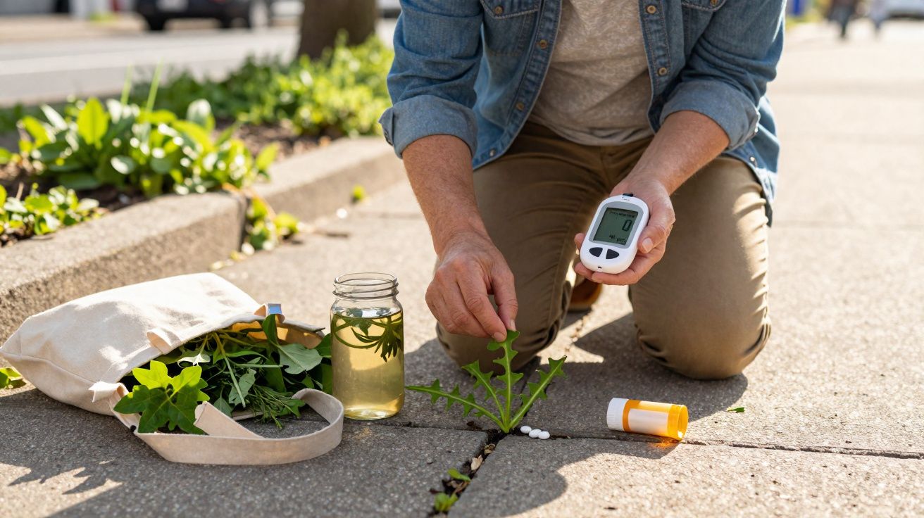 Person kneeling on pavement holding a glucose meter and a dandelion leaf with herbal tincture and pills nearby.
