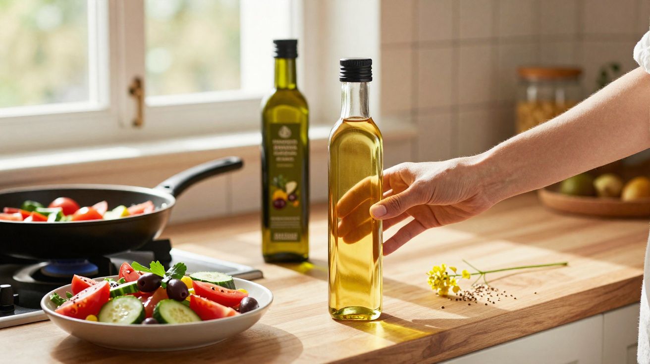Hand reaching for a bottle of olive oil on a wooden kitchen counter next to a vegetable salad and frying pan.