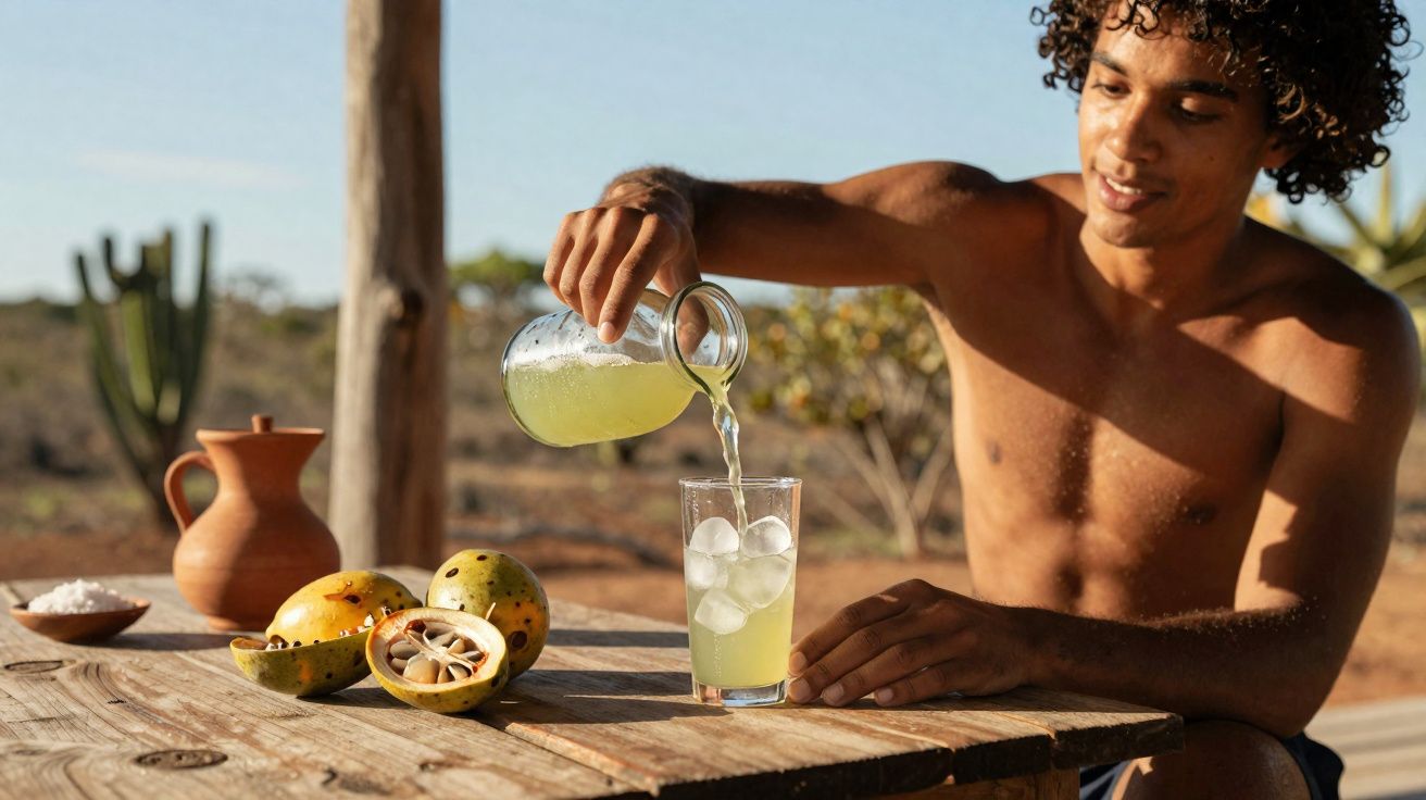 Shirtless man pouring a yellow drink with ice into a glass on a wooden table outdoors with fruit and pottery nearby.