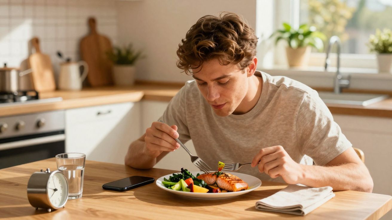 Young man eating a healthy meal of grilled salmon and vegetables at a kitchen table in natural light.