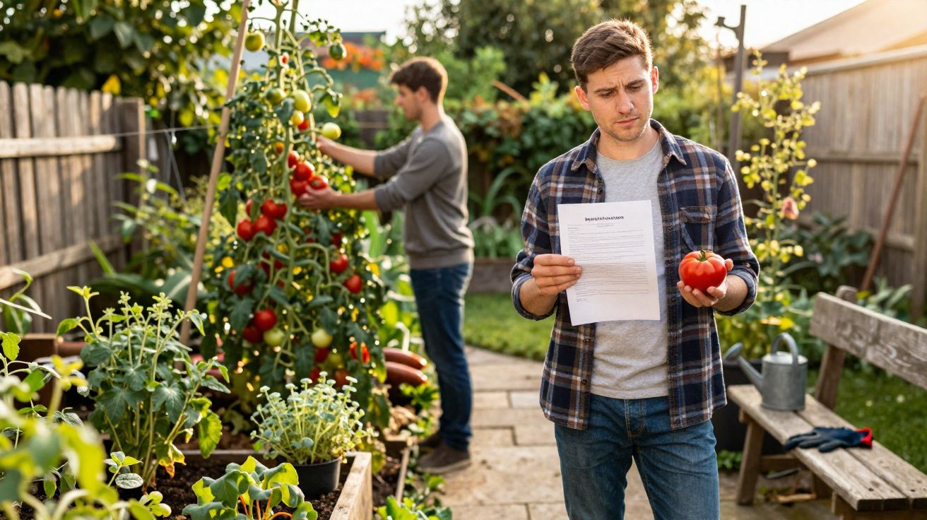 Two men in a garden, one picking tomatoes and the other examining a tomato and reading a paper.