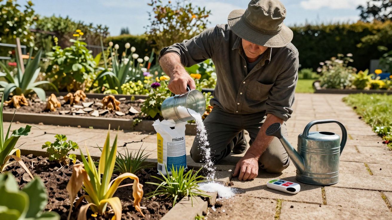 Person kneeling in garden pouring fertiliser onto plants with watering can and soil meter nearby.