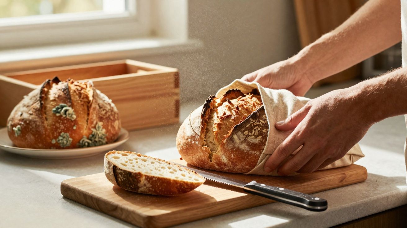 Hands wrapping a fresh loaf of crusty bread in a cloth on a kitchen counter with a sliced piece nearby.