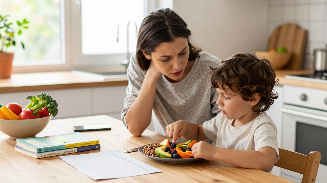 Mother watching young boy pick fruit from a mixed healthy snack plate at the kitchen table.
