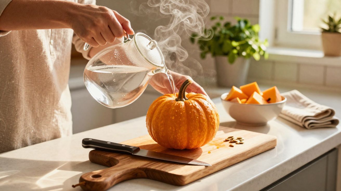 Person pouring hot water from a glass kettle into a small pumpkin on a wooden chopping board.