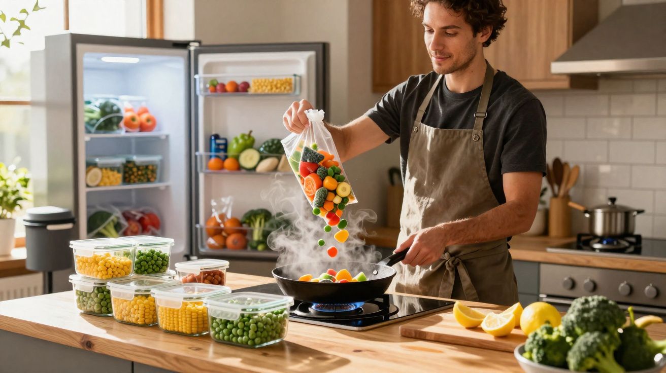 Man wearing apron cooking mixed vegetables in a frying pan in a modern kitchen with fresh food on counter.