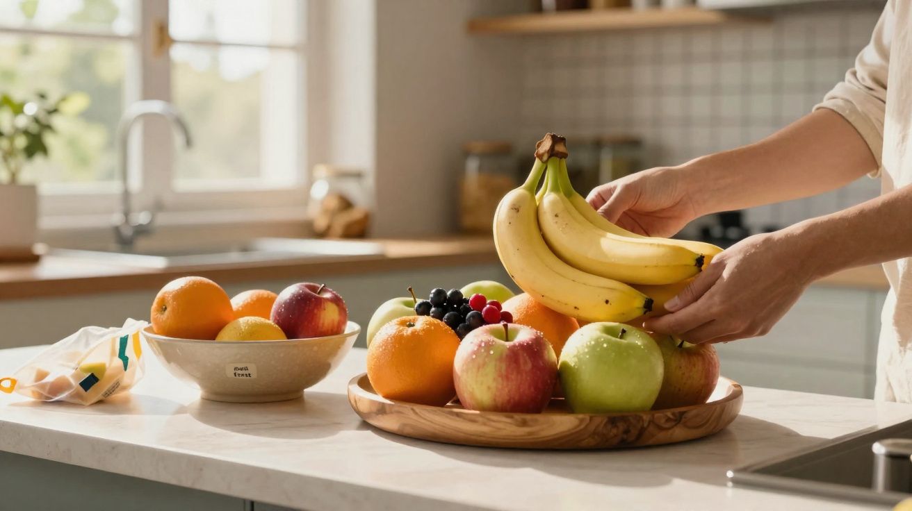 Person placing bananas on a wooden fruit platter with apples, oranges, and grapes in a bright kitchen.