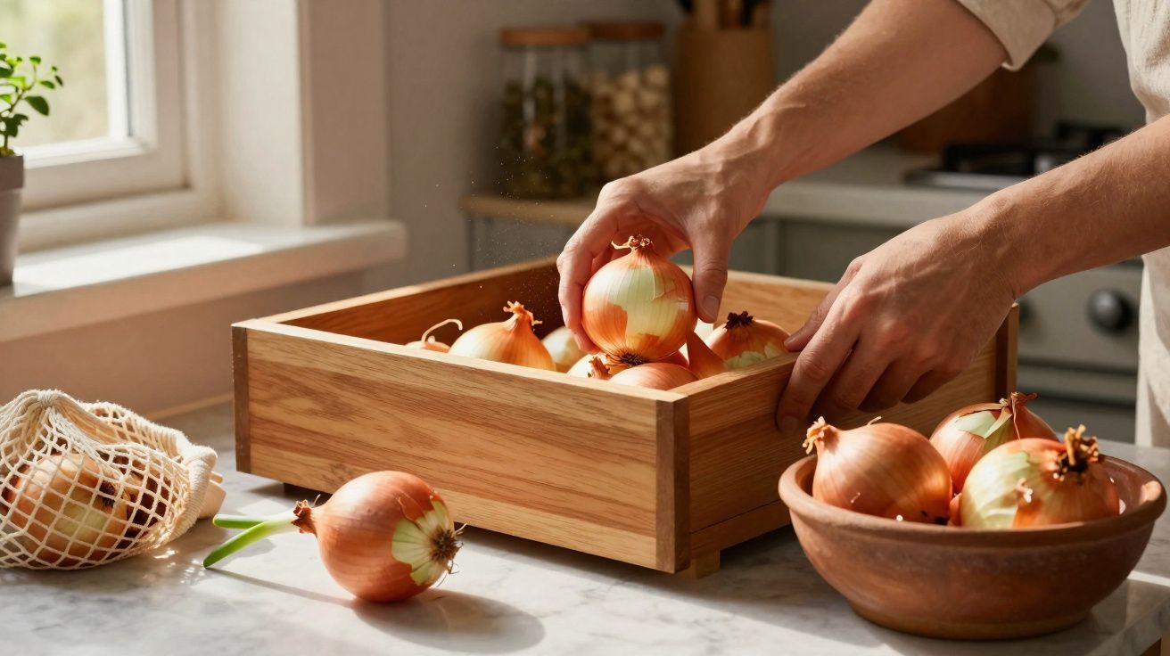 Hands placing yellow onions into a wooden box on a kitchen counter with a bowl and net bag nearby.
