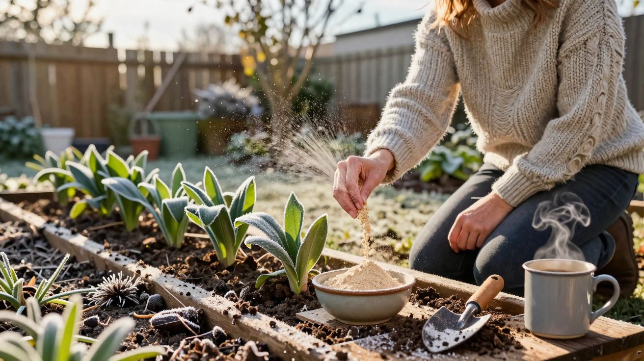 Person scattering fertiliser on young plants in a garden bed with a spade and steaming mug nearby.