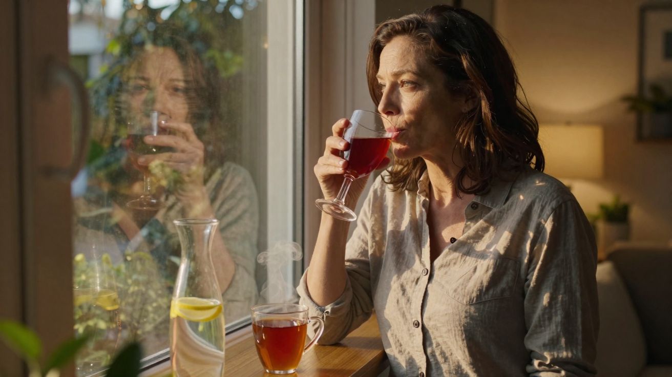 Woman drinking red wine by a window with a reflection, alongside a steaming cup of tea and a jug of lemon water.