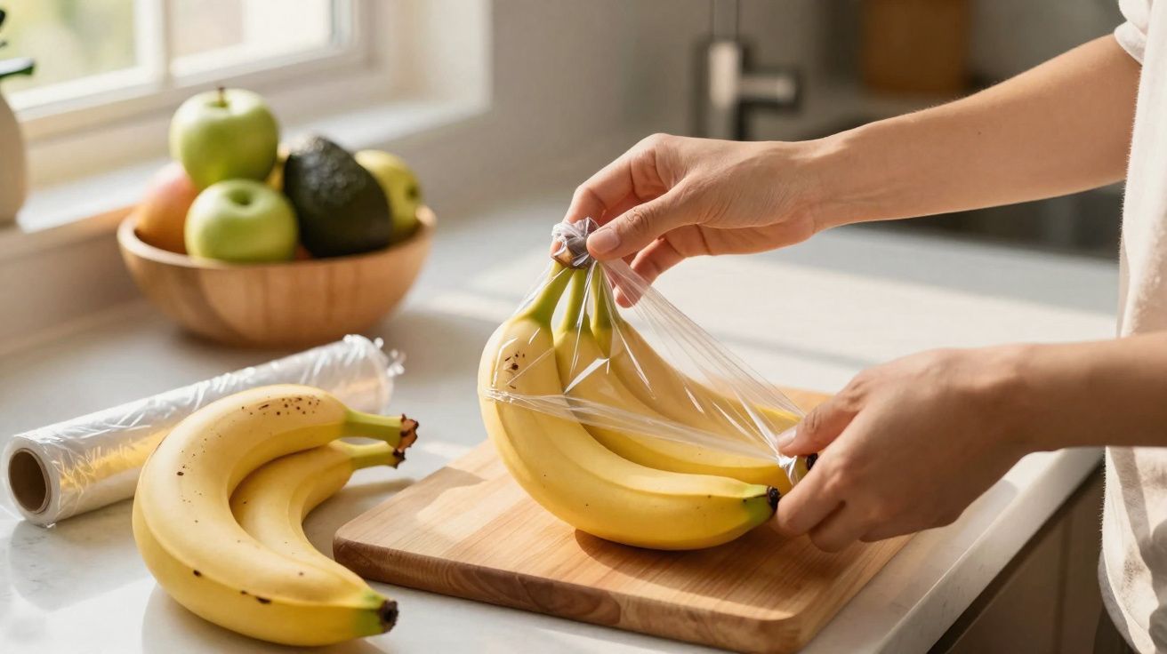Person wrapping a bunch of bananas in cling film on a kitchen countertop with fruit bowl nearby.