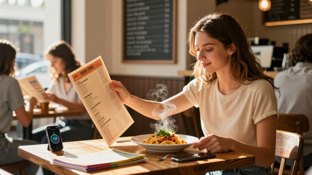 Woman sitting at a table in a café, looking at a menu with a steaming plate of pasta in front of her.
