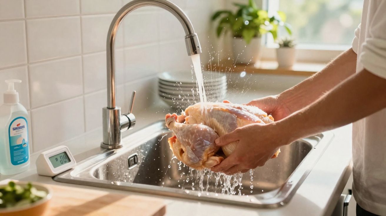 Person washing a raw whole chicken under running water in a kitchen sink.