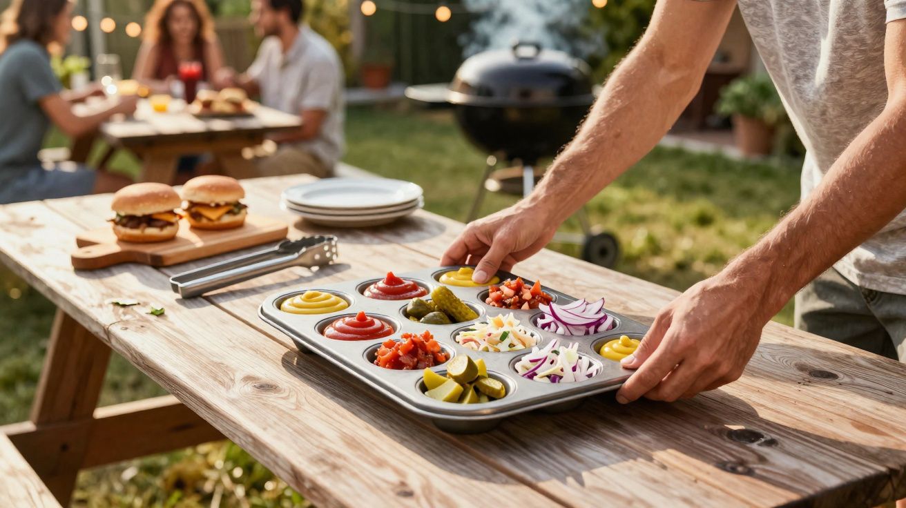 Person arranging condiments in a muffin tray on a wooden picnic table during an outdoor barbecue.
