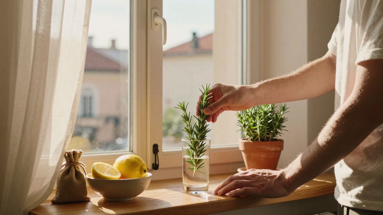 Person placing a sprig of rosemary in a glass of water on a sunny windowsill with lemons and a plant nearby.