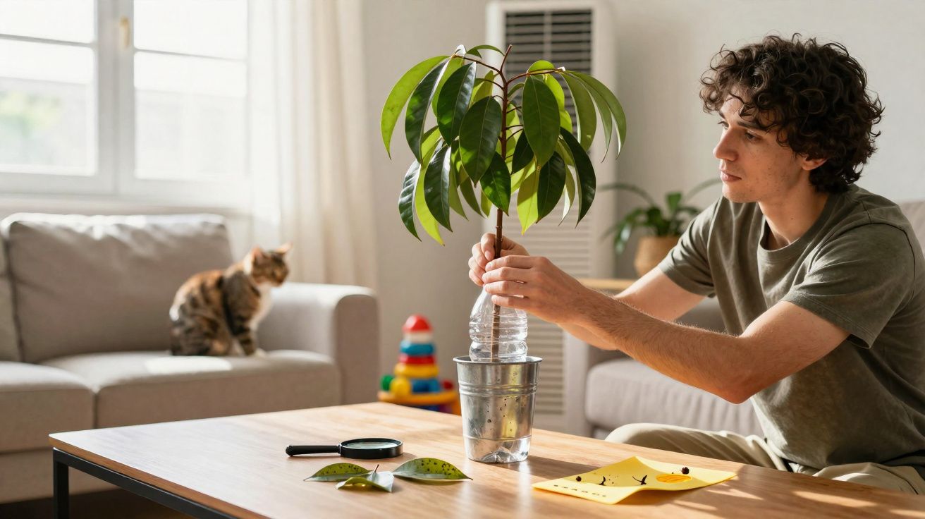 Young man examining a potted plant on a table in a bright living room with a cat on the sofa in the background