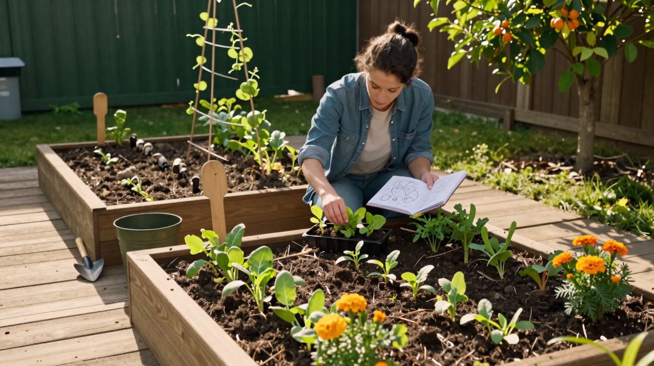 Woman gardening in raised beds, holding a notebook and tending young plants in a sunny backyard garden.