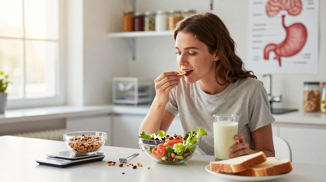 Woman eating nuts with a salad and glass of milk on a kitchen counter with bread and cereal nearby.