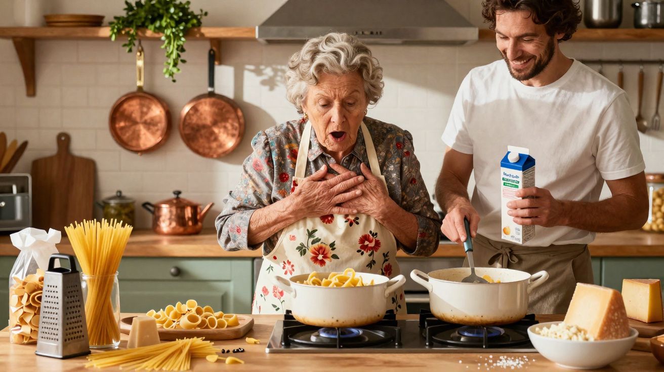Elderly woman surprised by pasta cooking, young man stirring pot and holding cream carton in cosy kitchen together.
