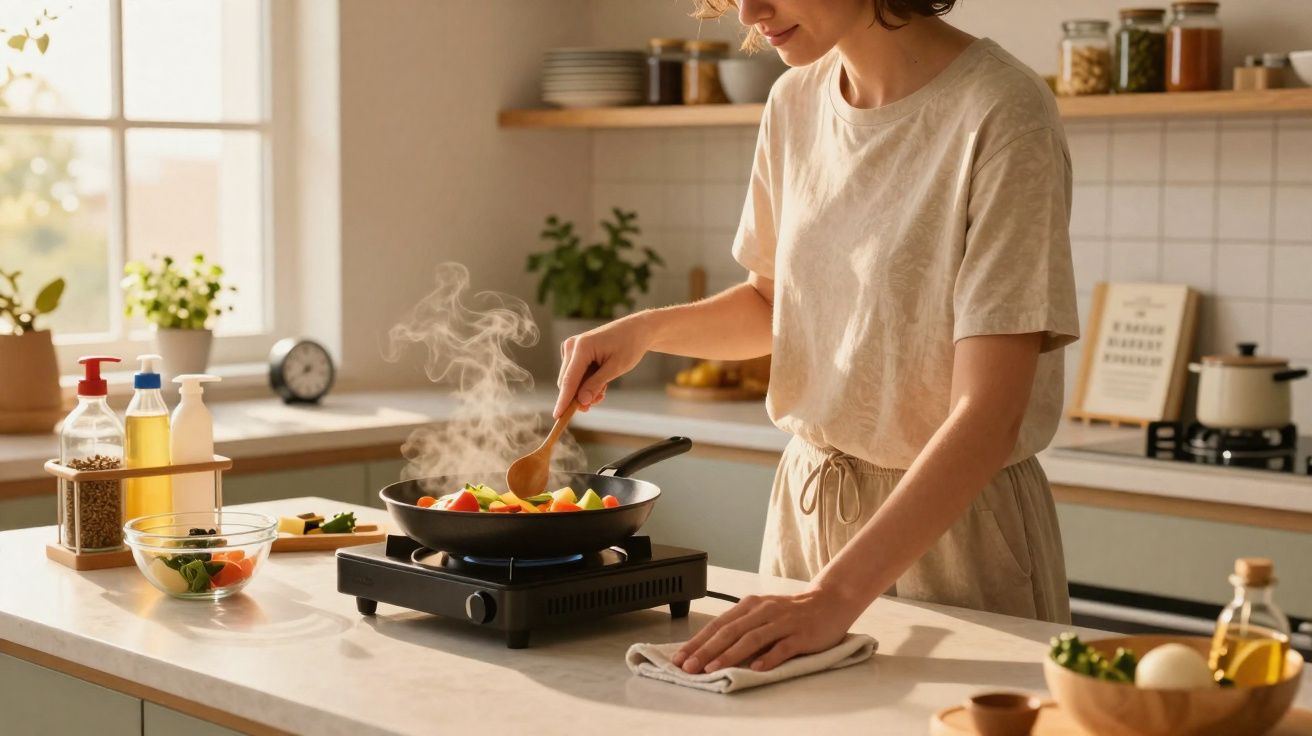 Person stirring vegetables in a steaming frying pan on a portable gas stove in a bright kitchen.