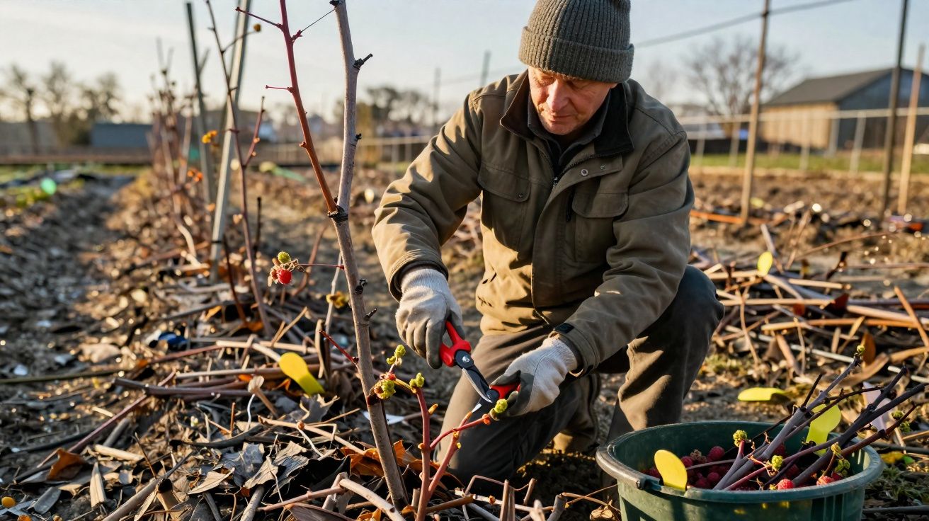 Man pruning raspberry canes in a garden during late autumn with a bucket of cuttings nearby.
