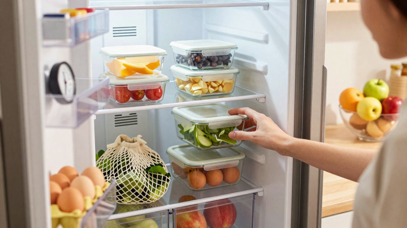 Person placing a container of sliced cucumber and spinach into a fridge stocked with fruit, eggs, and vegetables.
