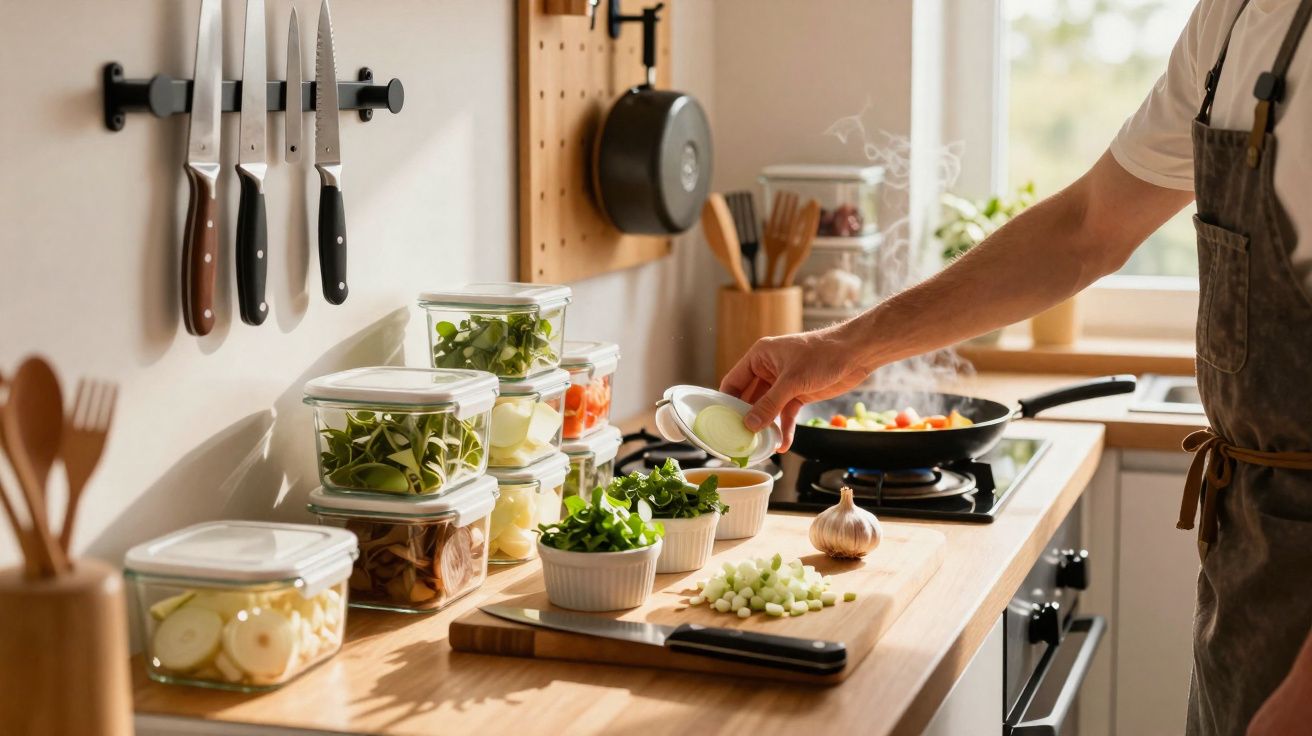 Person cooking with fresh herbs and vegetables on a wooden kitchen countertop near a stove.