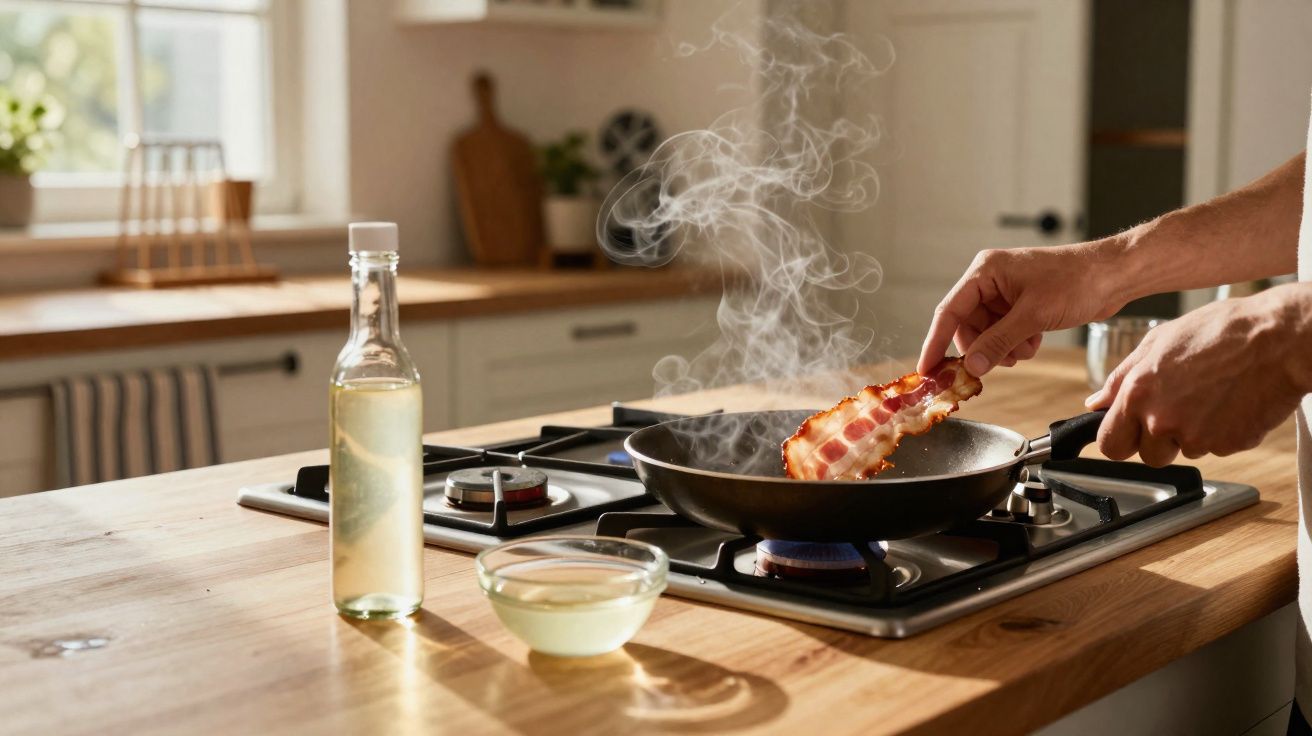 Person cooking crispy bacon in a frying pan on a gas stove in a bright kitchen.