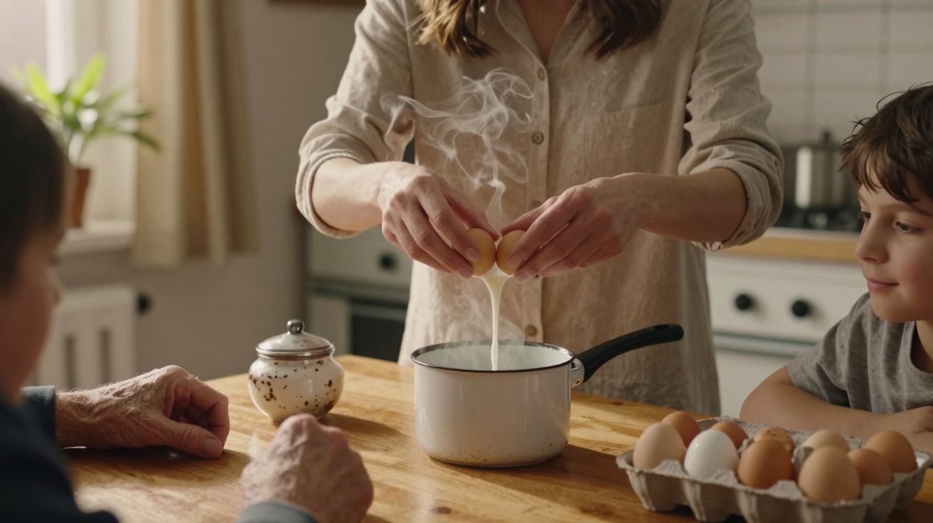Person cracking an egg over a steaming pot on a wooden kitchen table with two children watching nearby.