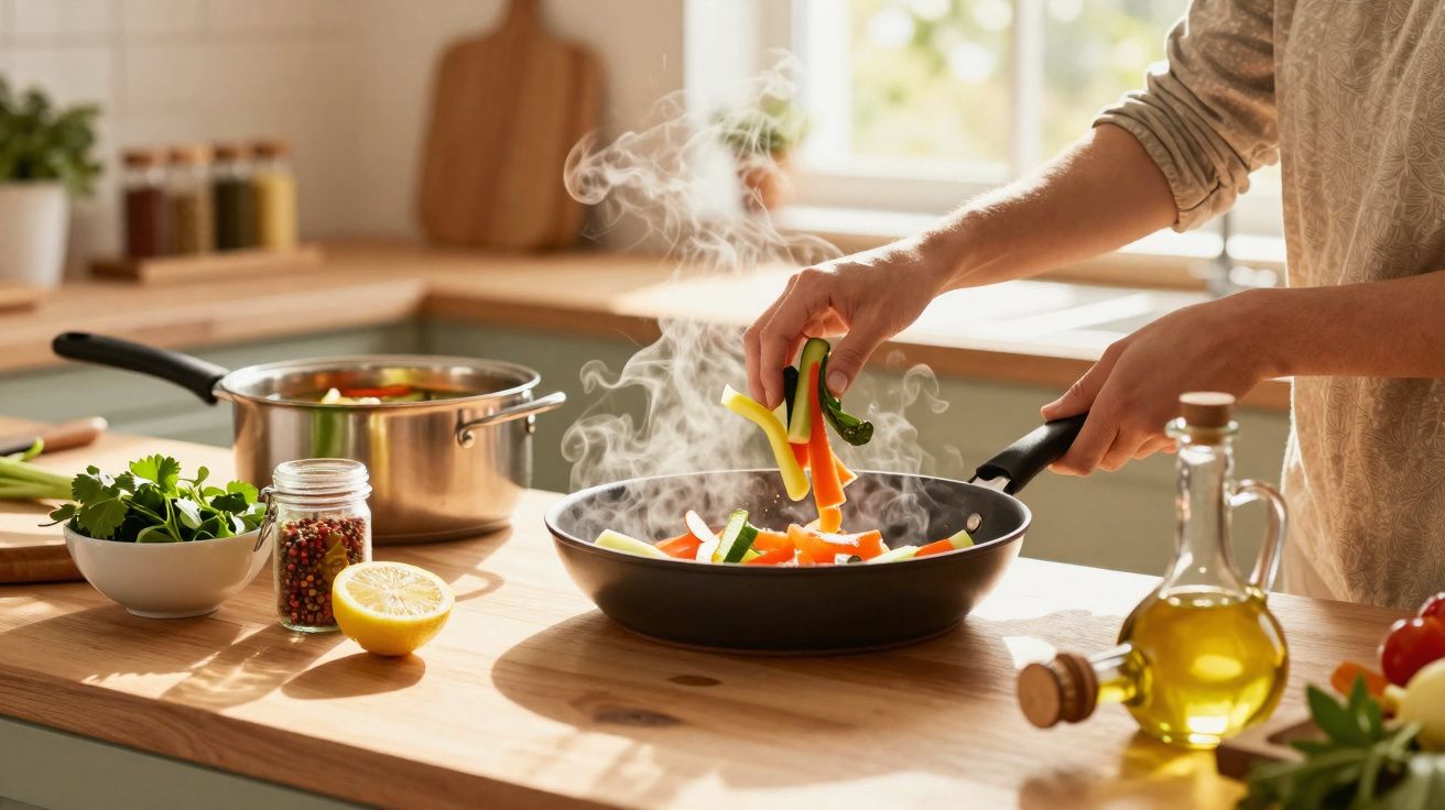 Person adding sliced vegetables to a steaming frying pan on a kitchen counter with cooking ingredients nearby.