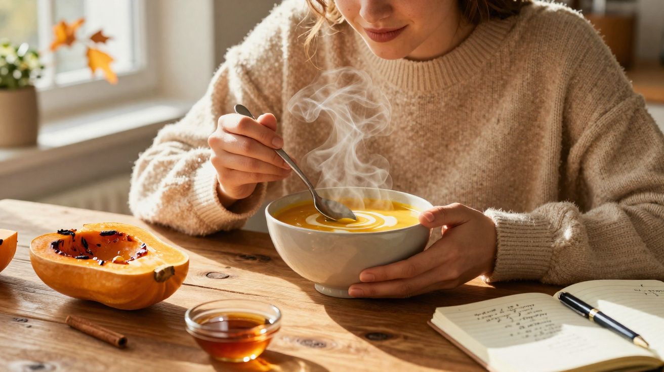 Person in beige sweater holding and stirring steaming bowl of soup at wooden table with notebook and pumpkin halves