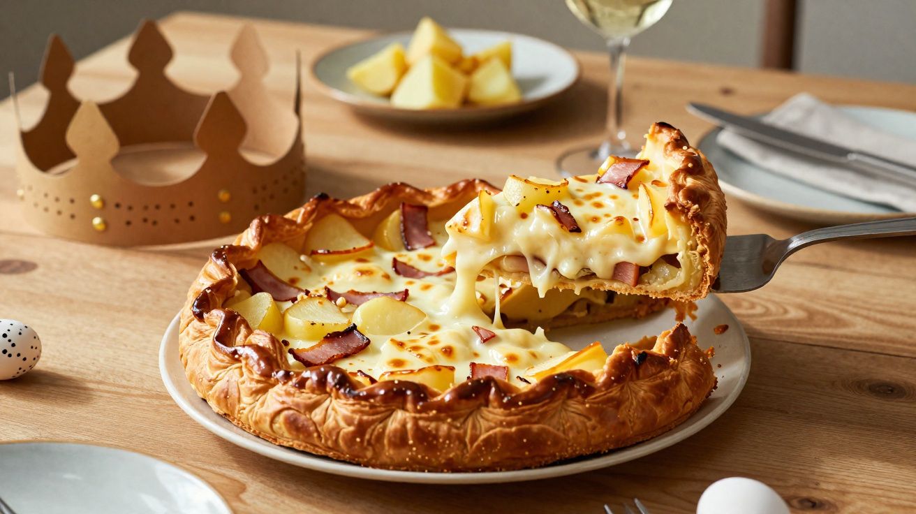 Slice of creamy raclette tart with potatoes and bacon being lifted from the plate on a wooden table.