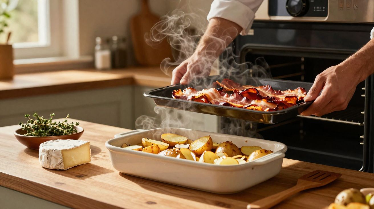 Hands removing a tray of steaming cooked bacon from an oven above a dish of roasted potatoes in a kitchen.