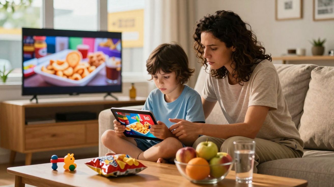 Mother and son sitting on sofa playing a game on a tablet with snacks and fruit on the table.