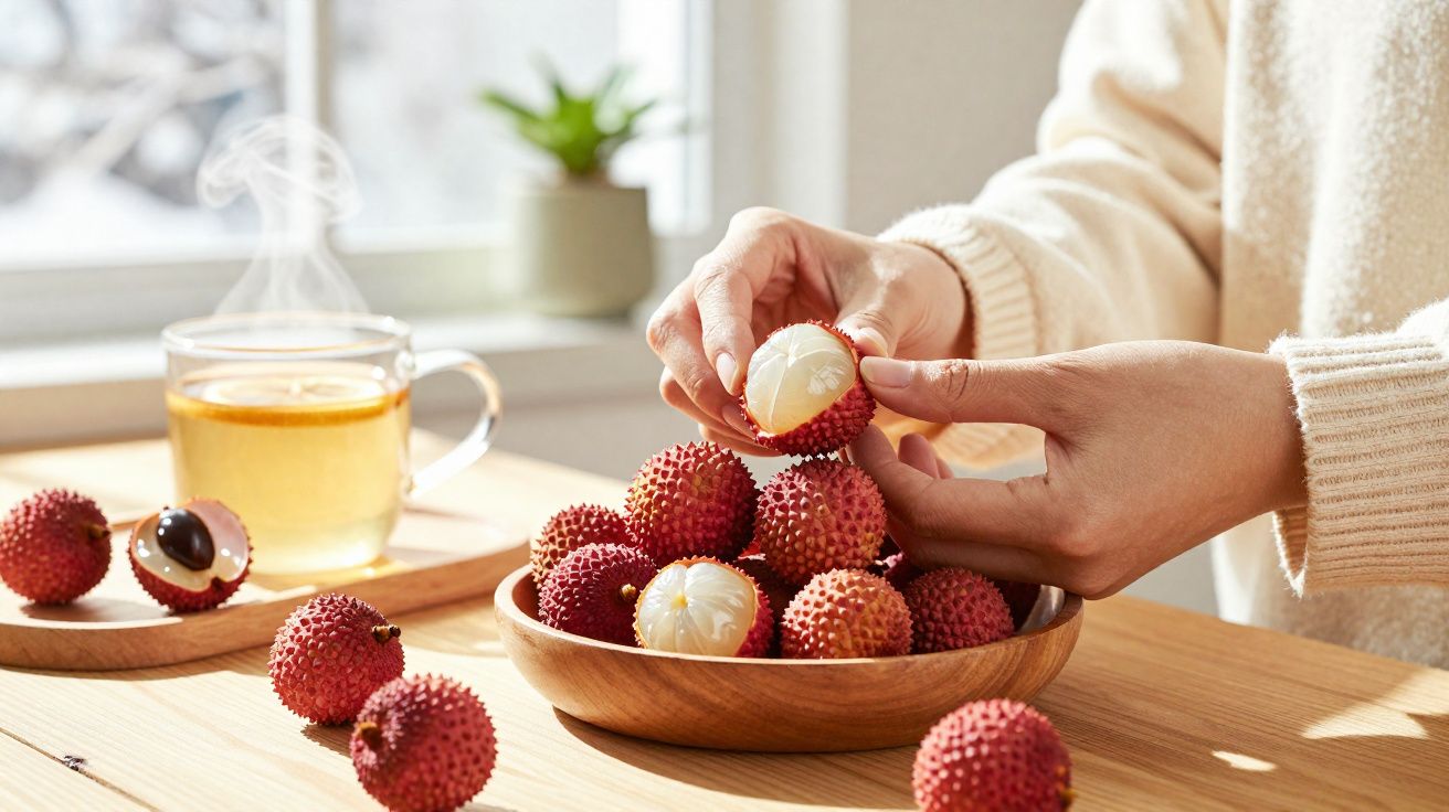 Person peeling a ripe lychee over a wooden bowl filled with lychees next to a cup of hot tea.