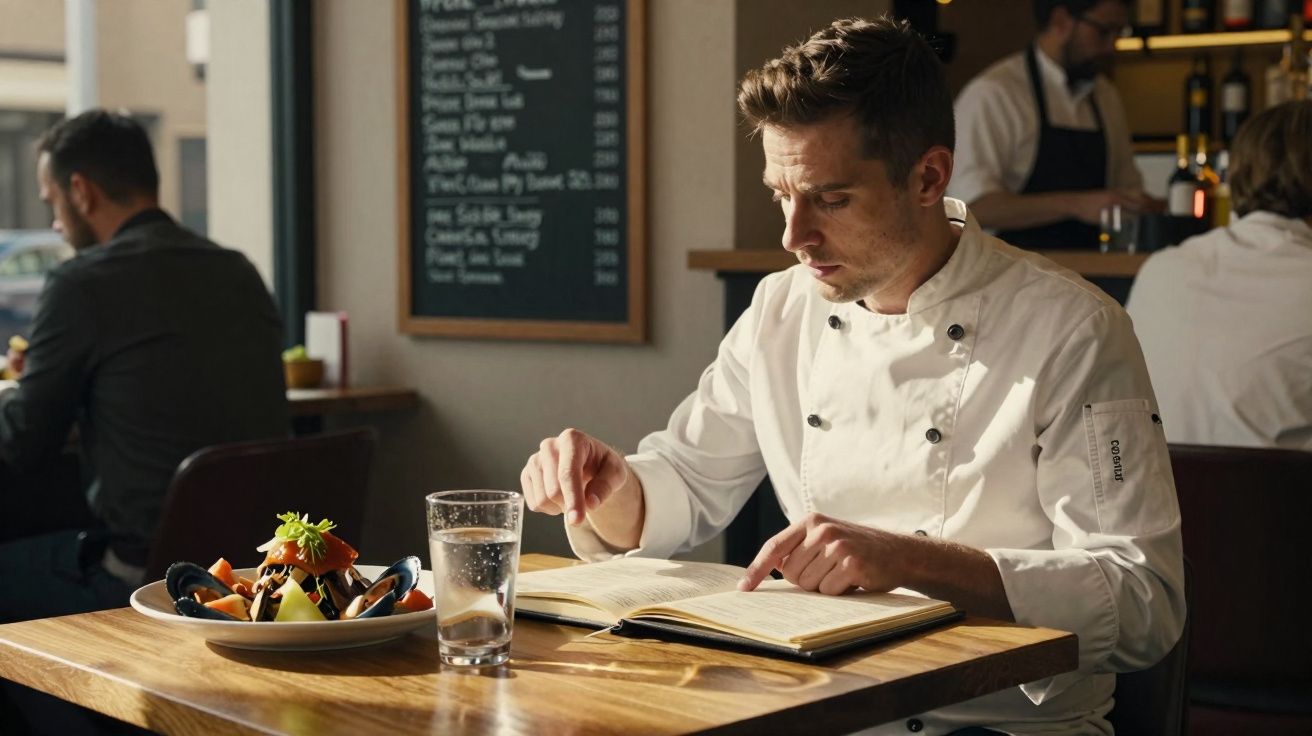Chef in white uniform reading menu at restaurant table with seafood dish and glass of water.