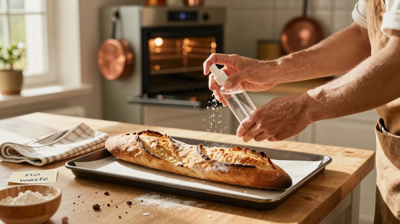 Person spraying water on freshly baked baguette on a tray in a bright kitchen.
