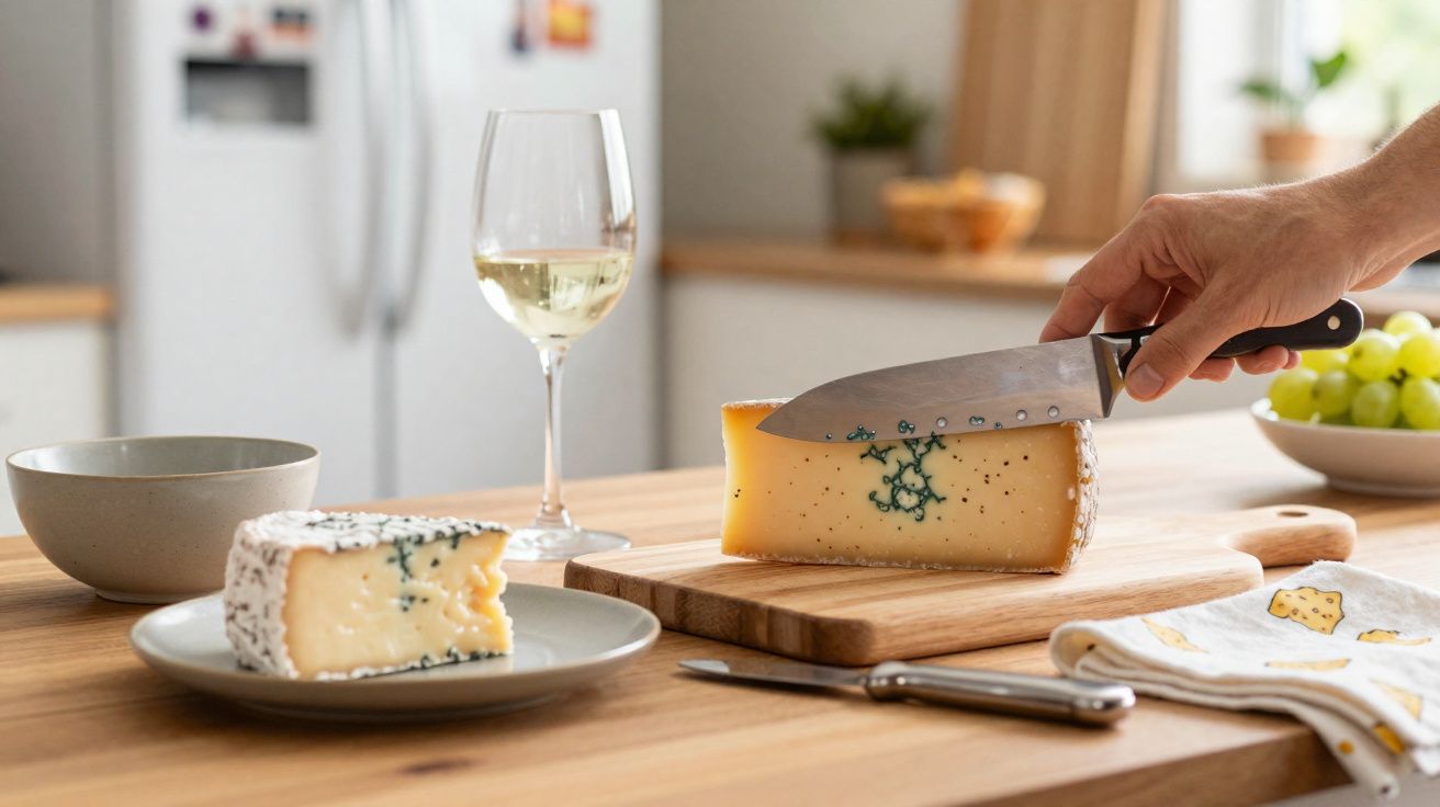 Hand cutting a piece of blue-veined cheese on a wooden board with a glass of white wine nearby