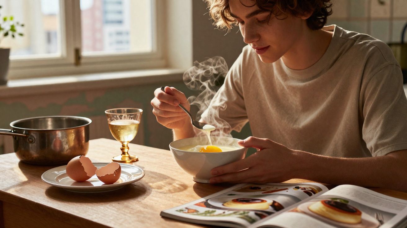 Young person eating steaming hot soup with an egg yolk at a wooden table by a window.