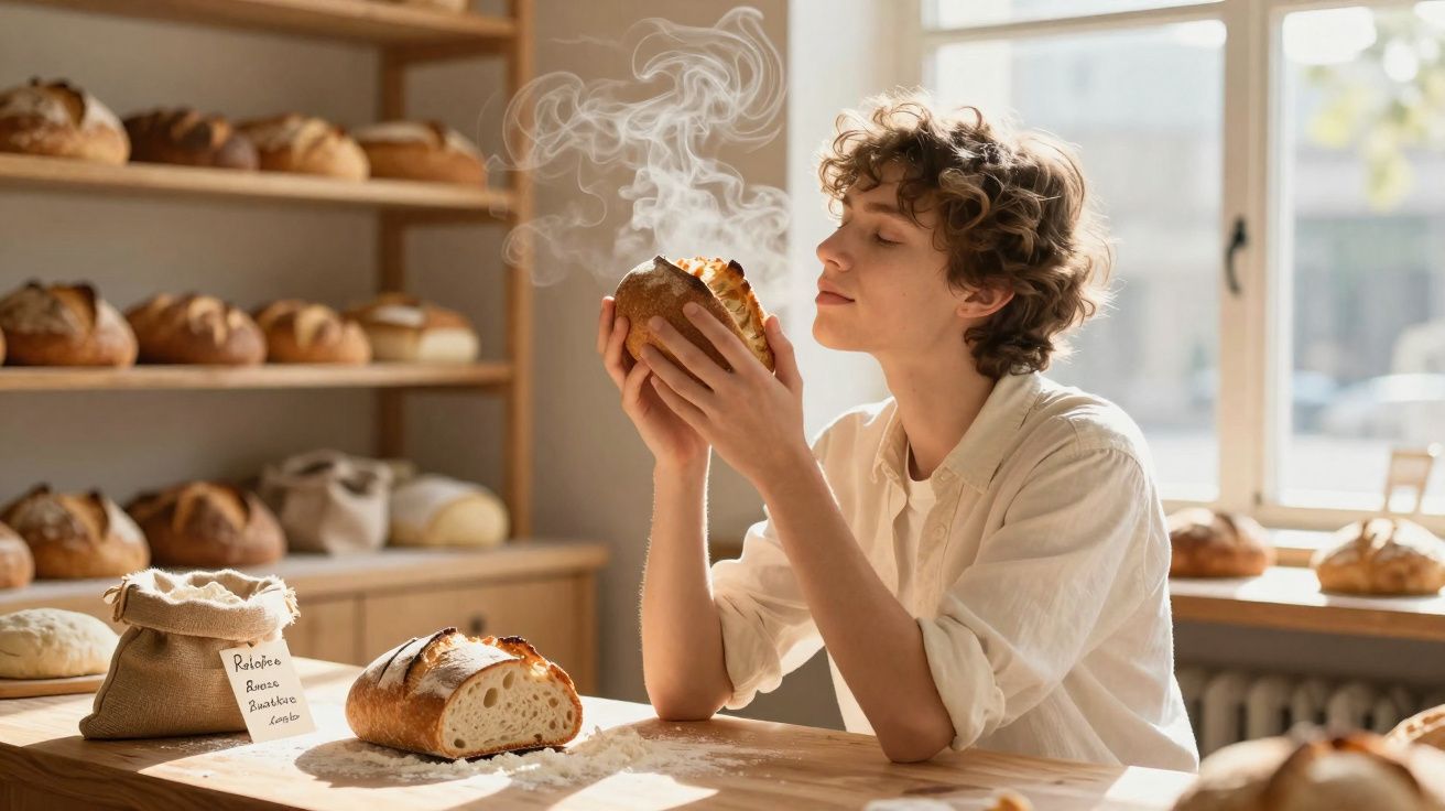 Person enjoying the aroma of freshly baked steaming bread in a sunlit bakery with shelves of bread loaves.
