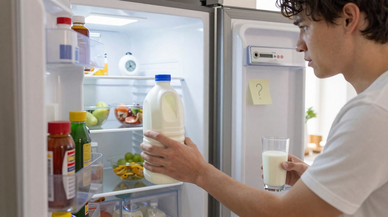 Person holding a jug of milk and a glass of milk while looking inside an open refrigerator.