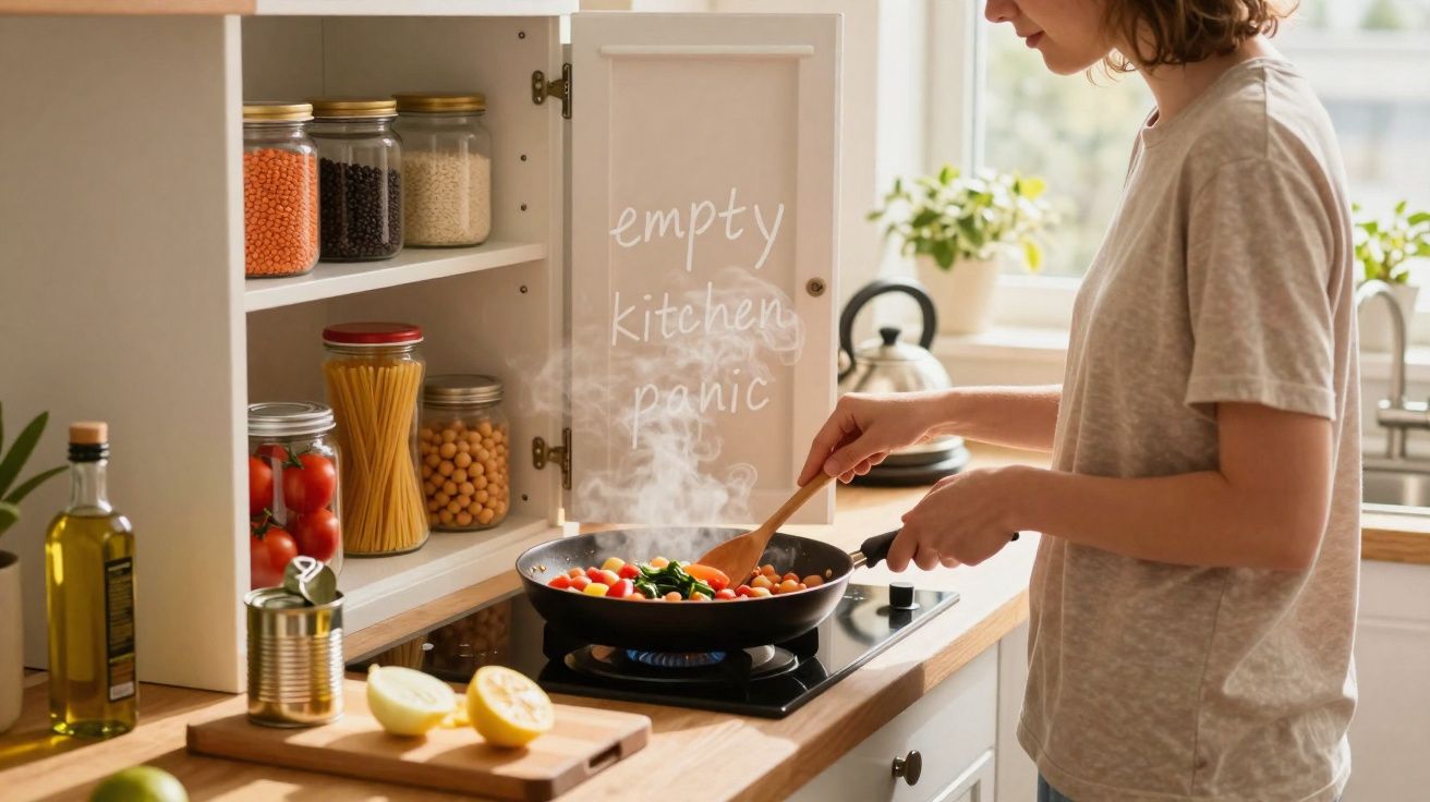 Person cooking vegetables in a kitchen with open pantry shelves and "empty kitchen panic" text visible.