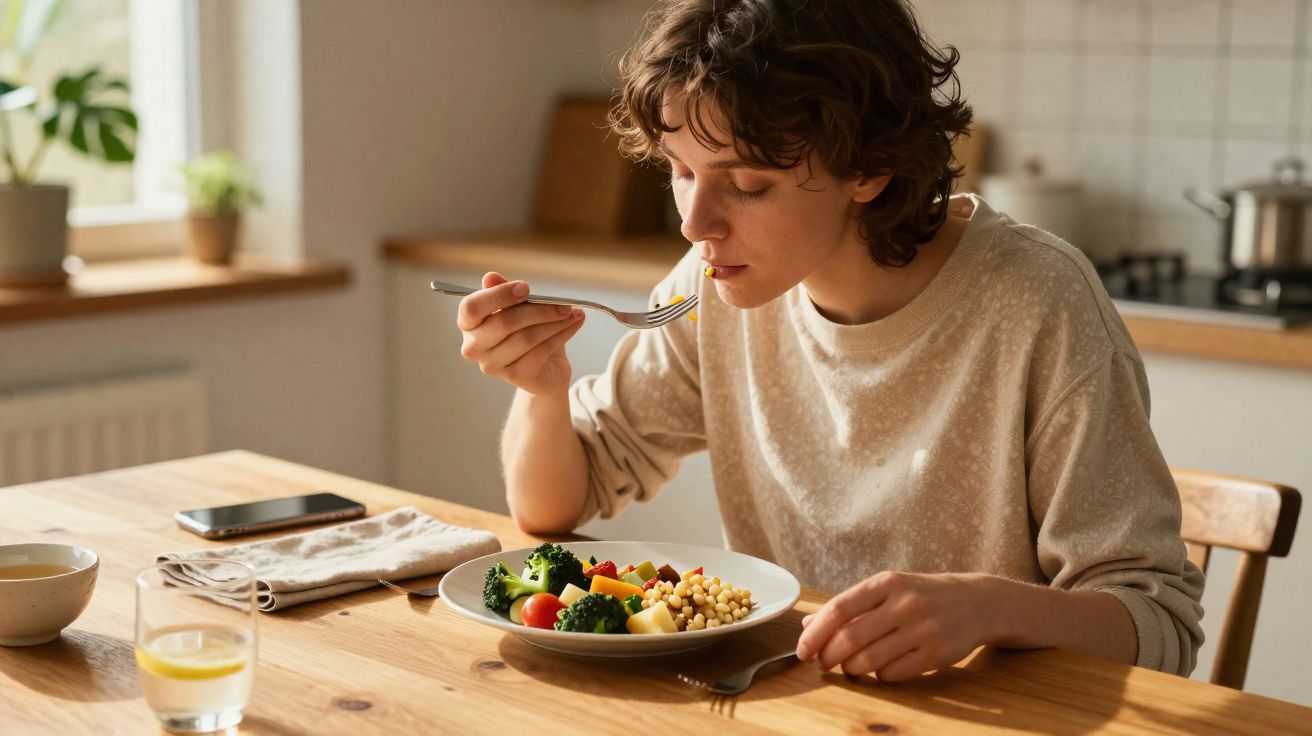 Young person eating a healthy meal with vegetables and chickpeas at a wooden kitchen table.